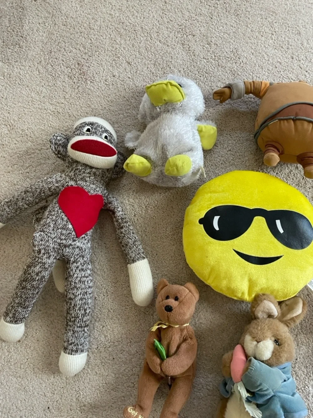 Plush Emoji Pillow and Assorted Soft Toys - Yellow, Brown, Orange, Gray